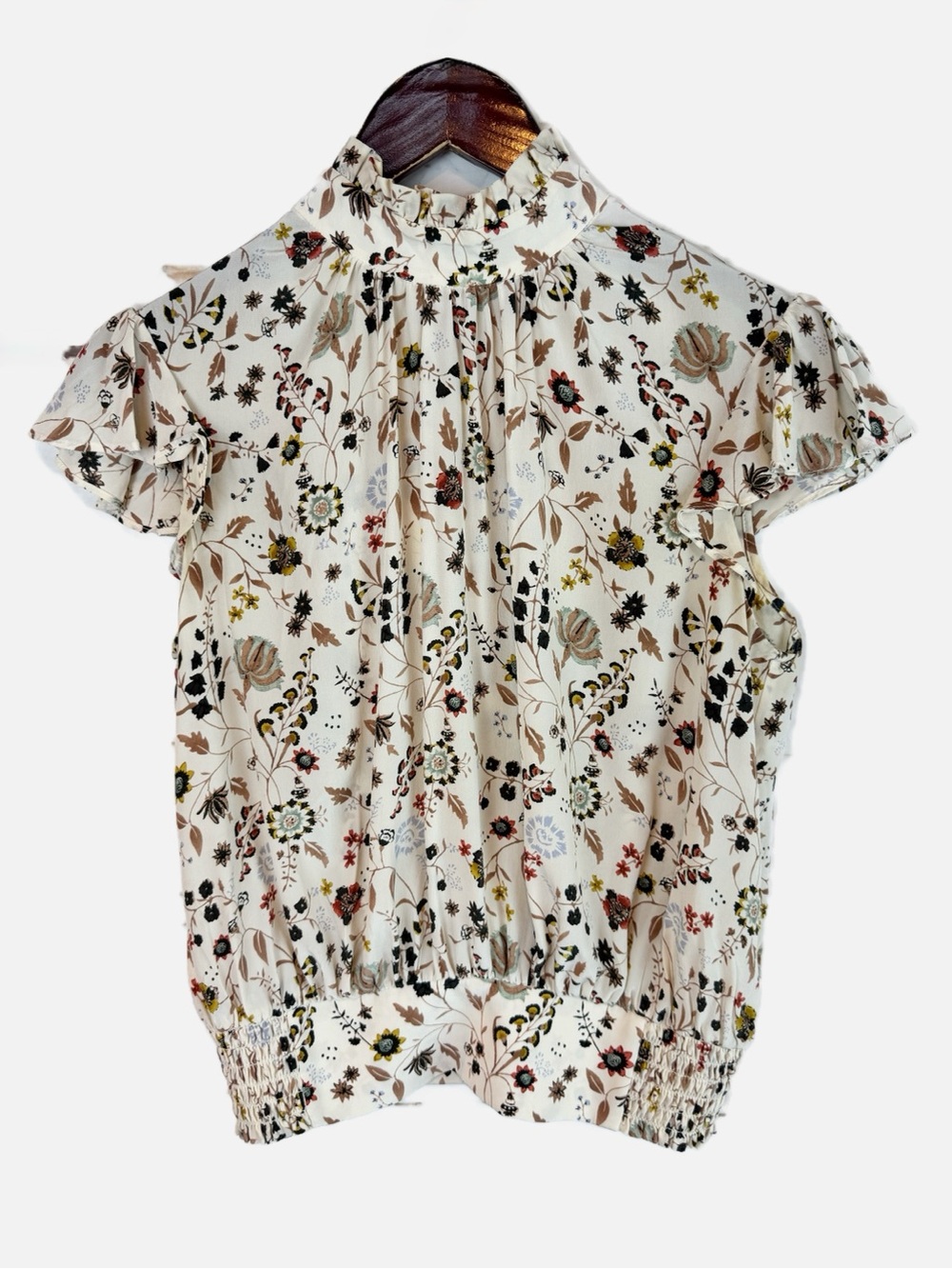 Frame | Cream Floral Print Top with Mock Neck and Flutter Sleeves, XS